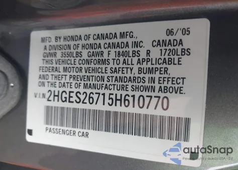 2005 Honda Civic Ex z USA, uszkodzony, nr VIN 2HGES26715H610770